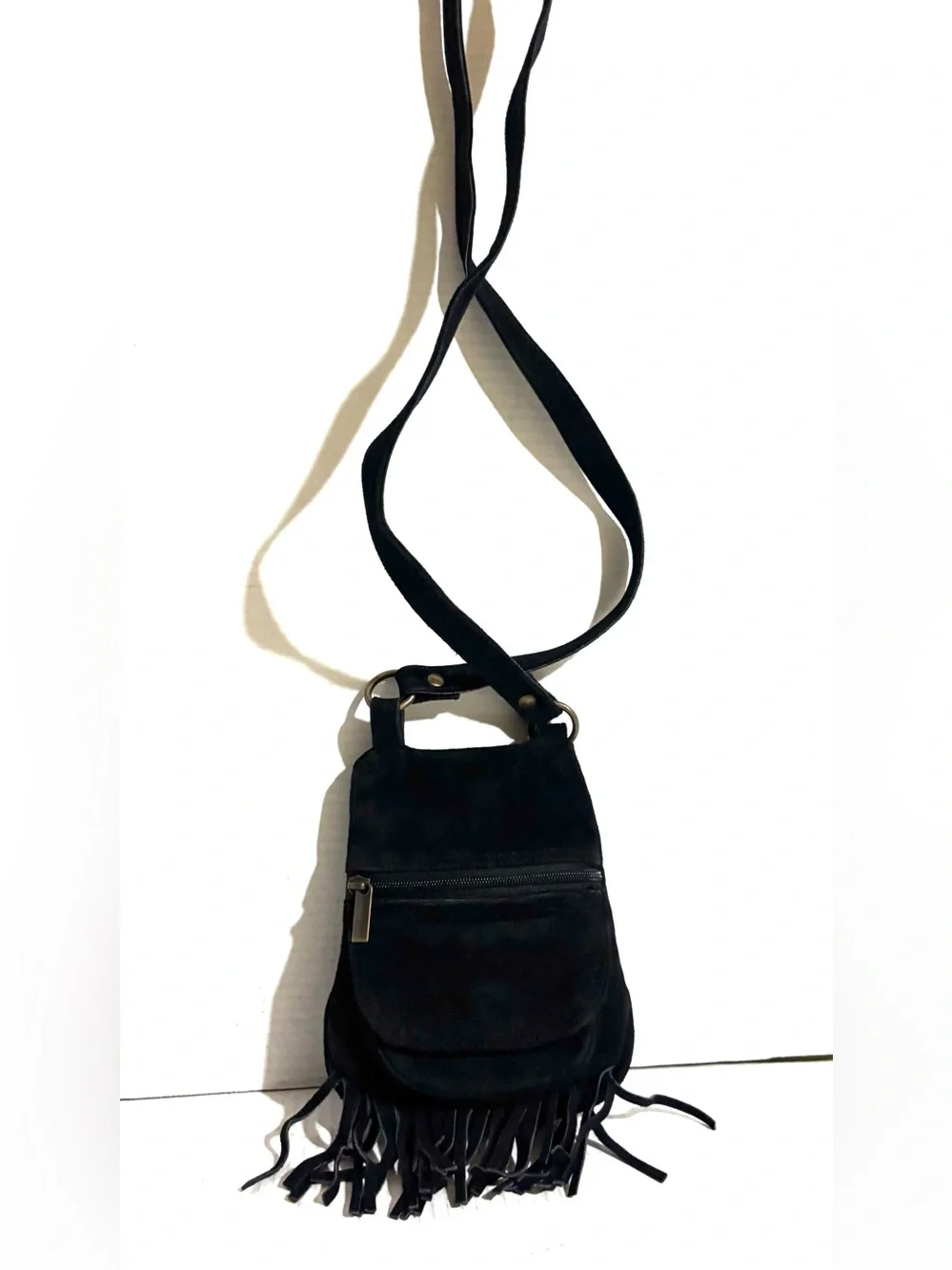 Vintage Black Suede Fringe Crossbody Bag